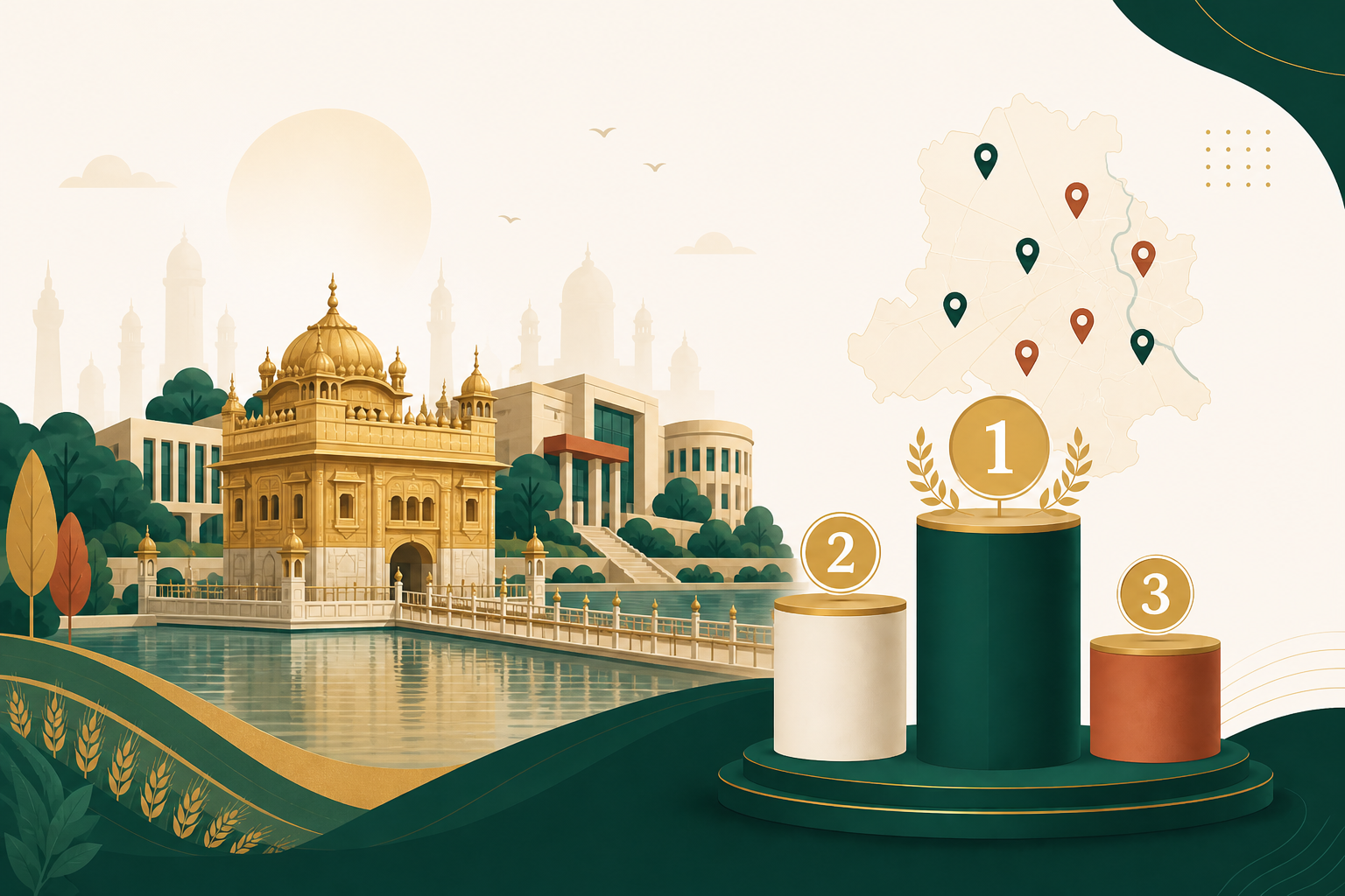 Illustrated hero for engineering colleges in Punjab — the Golden Temple beside a campus building, a Punjab outline map with location pins, and a ranking podium